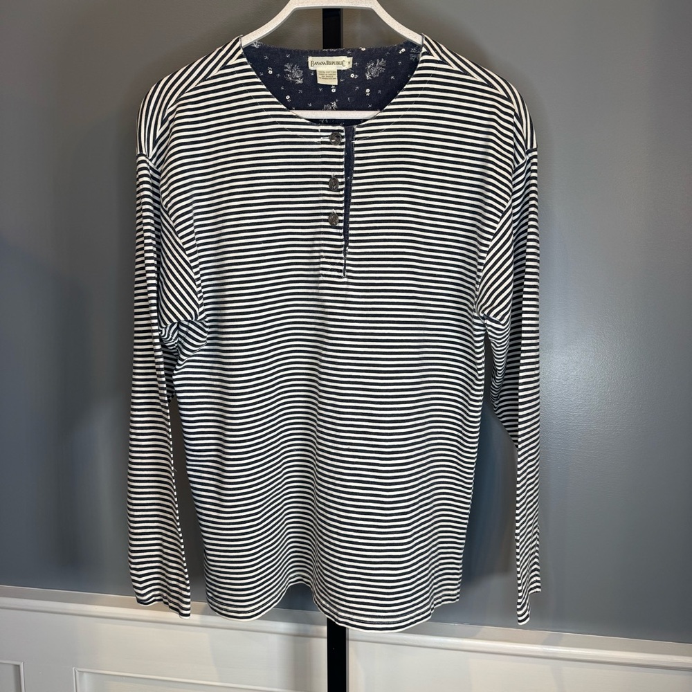 Vintage Banana Republic Navy Stripe Cotton Henley Long Sleeve Top M